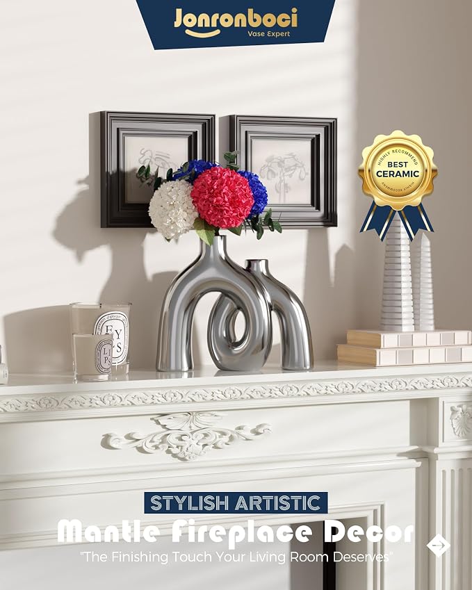 Hug Donut Decorative Vase Set - Silver Vase, Modern Nordic Boho Style Vases Home Decor, Matte Ceramic Decorations for Living Room Shelf, Bookshelf Mantle Entryway Table or Console Décor (Silver)