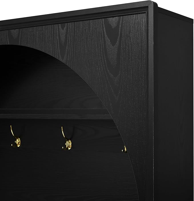 LUMISOL Farmhouse Hall Tree with Storage Bench, Arched Coat Rack with 4 Golden Hooks, Entryway Bench with 3 Cabinets and Adjustable Shelves for Mudroom, Retro Hall Cabinet for Living Room, Black