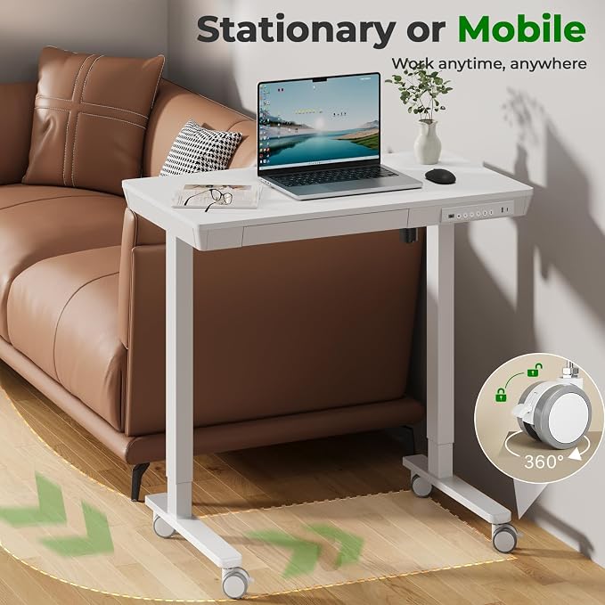 35" Electric Standing Desk with Drawer, 4 Lockable Wheels | Height Adjustable Quick Install One-Piece Tabletop with USB Charging Port, Small Sit to Stand up Desk for Home Office, White