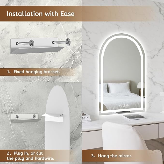 Arched LED Mirror for Bathroom 24"x36", Lighted Bathroom Vanity Mirror with Lights - Anti-Fog, Front Light and Backlit, Dimmable, 3 Colors