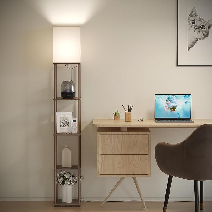 SUNMORY 5 Tier Floor Lamp with Shelves, Modern Square Standing Lamp with 3 Color Temperature Bulb, Corner Display Bookshelf Lamp for Living Room and Bedroom, Tall Shelf Floor Lamp Brown