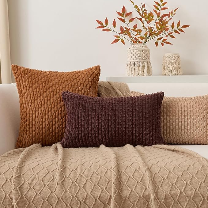 Kevin Textile Soft Corduroy 12"x20" Lumbar Pillow Cover 1 Pack, Coffee | Boho Stripe Plush Corduroy Decorative Oblong Cushion Cover Modern Farmhouse Home Decor for Sofa Couch Bed Chair