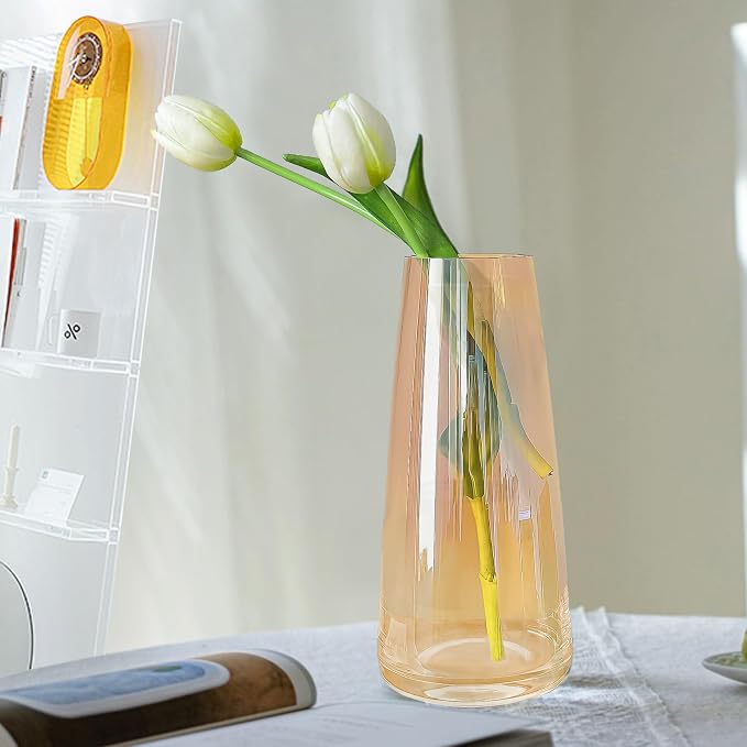 Aoderun Glass Vase for Flowers Modern Vases Home Decor Unique Flower Vase for Bouquet 8.7" Centerpiece Vase Decor Room,Bedroom,Living Room,Library,Office,Table,Entryway,Modern Farmhouse(Amber)