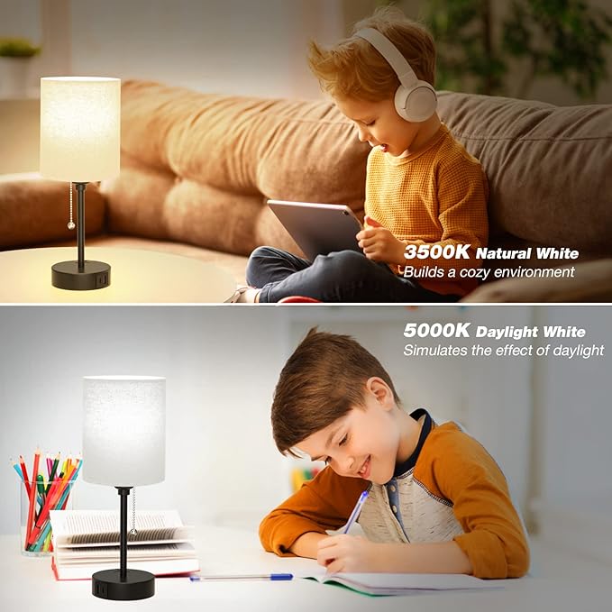 Beige Small Lamps 3 Levels Brightness - 3000K 4000K 5000K Bedside Lamps with USB C and A Ports, Pull Chain Table Lamps with AC Outlet, Nightstand Lamps with Black Metal Base for Bedroom Kids Reading