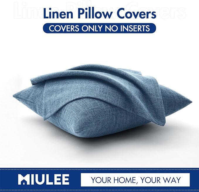MIULEE Pack of 2 Decorative Linen Burlap Pillow Covers Farmhouse Boho Accent Pillowcases Modern Home Decor for Sofa Couch Bedroom Living Room 20x20 Inch Steel Blue