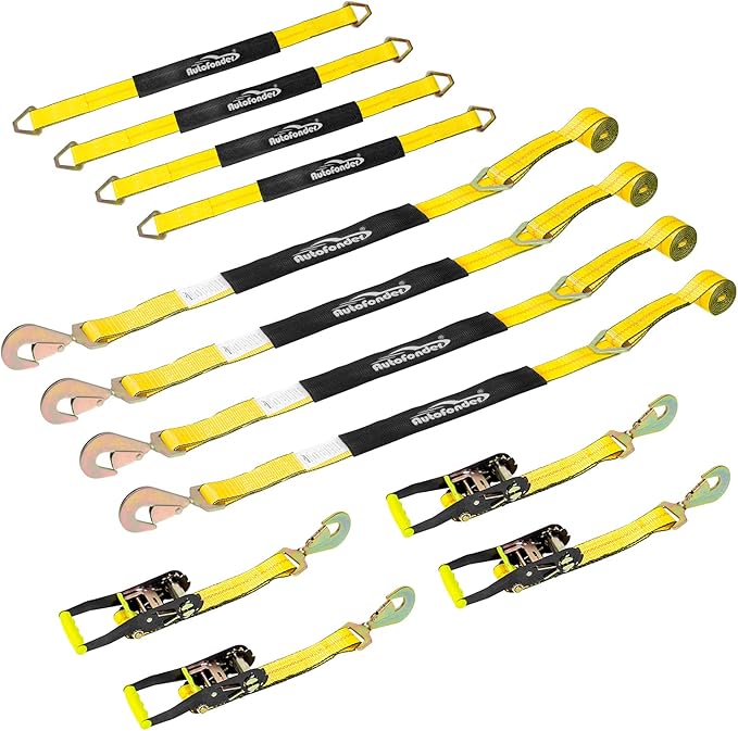 Heavy Duty Ratchet Tie Down Straps - 4 Pack Car Hauling Kit with Snap Hooks - 10,000 lbs Break Strength - Auto Transport Axle Straps with D-Ring - Professional Grade Vehicle Tie Downs
