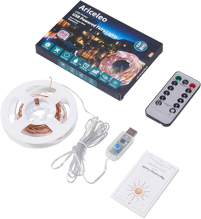 1 Pack 32. 8 ft. USB Powered Fairy Lights with Remote & Timer, 100 LED USB Twinkle String Lights - Silver Wire, 8 Modes, Waterproof, Cool White Starry Lights for Party, Wedding, Christmas