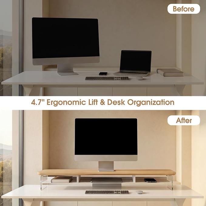 Fenge 42.5" Dual Monitor Stand with Clear Acrylic Legs, Dark Oak | Clear acrylic, storage compartment, 2-tier home office monitor riser, wide large desktop shelf fit monitor/laptop/printer