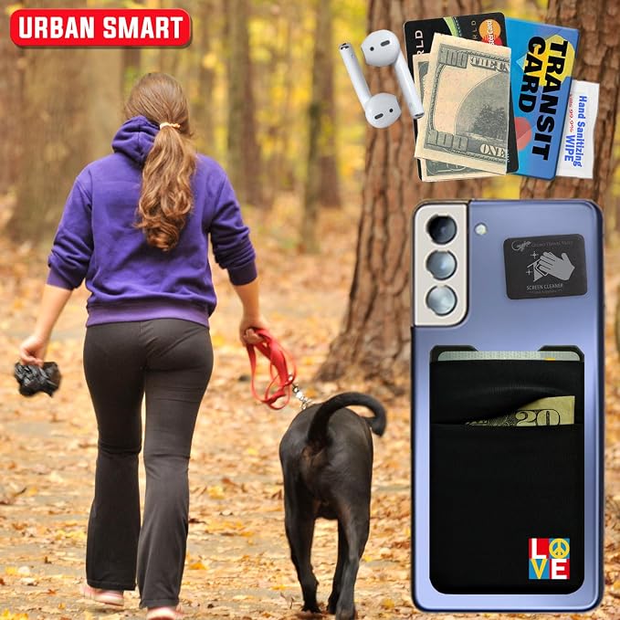 Gecko Travel Tech Double Pocket - Adhesive Card Holder - Cell Phone Pouch - Stick on Spandex Pocket - Carry Credit Cards and Cash (PEACE LOVE)