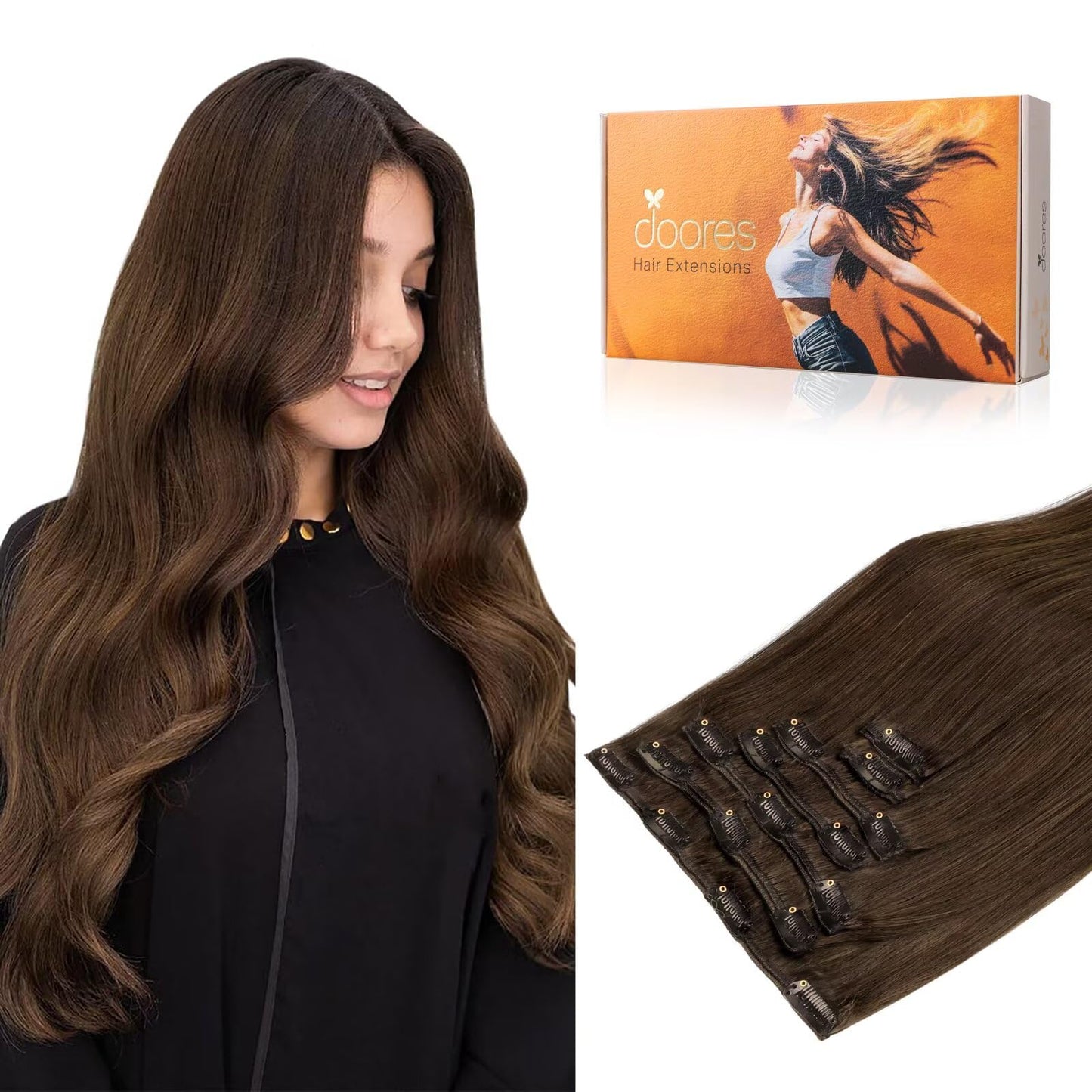 Doores Clip In Hair Extensions Chocolate Brown 120G 7Pcs 16 Inch Remy Human Hair Clip In Extensions Natural Hair Straight