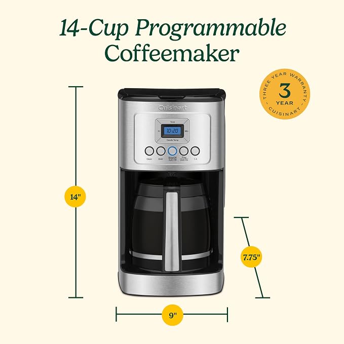Cuisinart Coffee Maker, Programmable, Stainless Steel, 14-Cup Glass Carafe | PerfecTemp coffee machine with 1-4 cup settings, strength control, auto-off & a reusable gold tone filter, DCC-3200