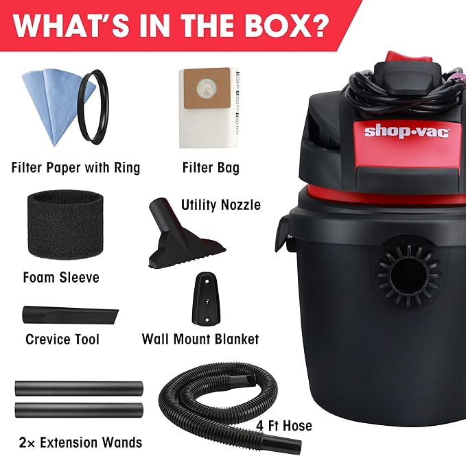 Shop-Vac 2.5 Gallon 2.5 Peak HP Wet/Dry Vacuum, Portable Compact Shop Vacuum with Wall Bracket & Multifunctional Attachments, 5760288