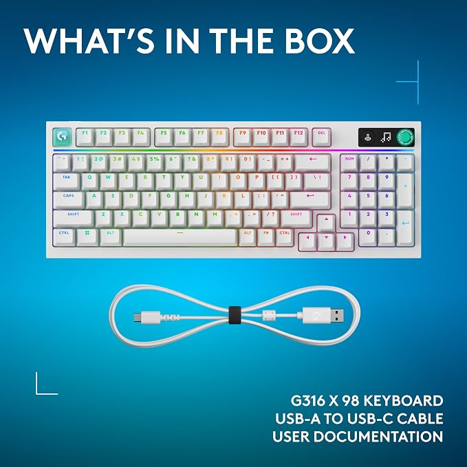 Logitech G316 X 98 Mechanical Gaming Keyboard (Linear) - White | Hot-Swappable Linear Mechanical Switches, Gasket Design, PBT Keycaps, <8Khz, LIGHTSYNC RGB, Dot-Matxix LED Display, USB-C