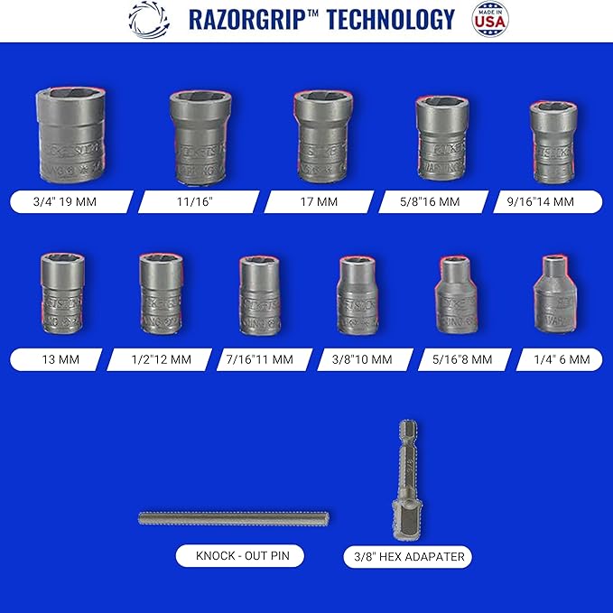 13 Piece Bolt Extractor Set | Made in USA Turbo Sockets for Stripped, Rounded, Frozen Bolts & Nuts | ⅜” Drive Impact Grade Lug Nut & Bolt Remover Kit | Nut Extractor Socket Set