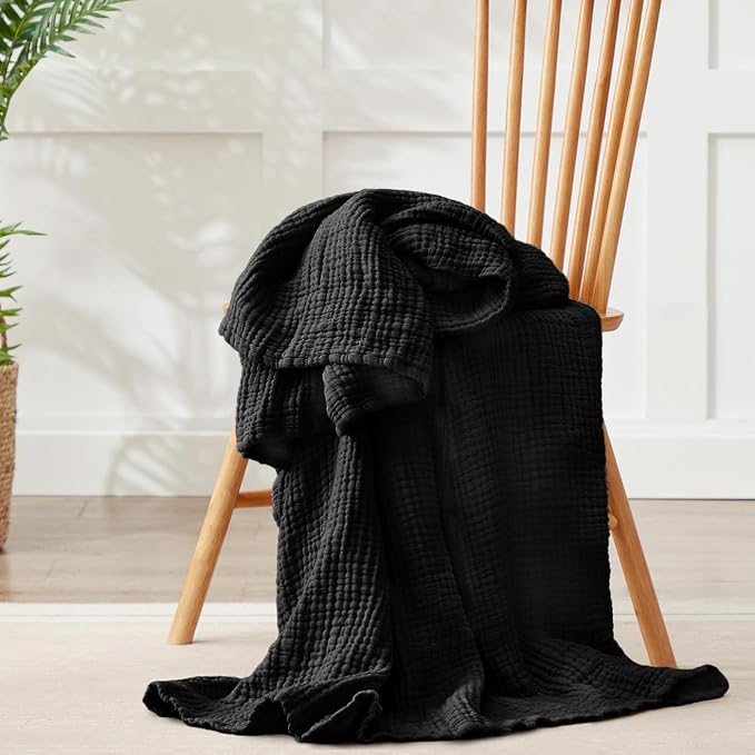 100% Cotton Muslin Blanket Twin 60" x 80", Breathable and Lightweight Cotton Twin Blankets for Couch, Soft Cooling Summer Gauze Blanket for Adults All Season, Black