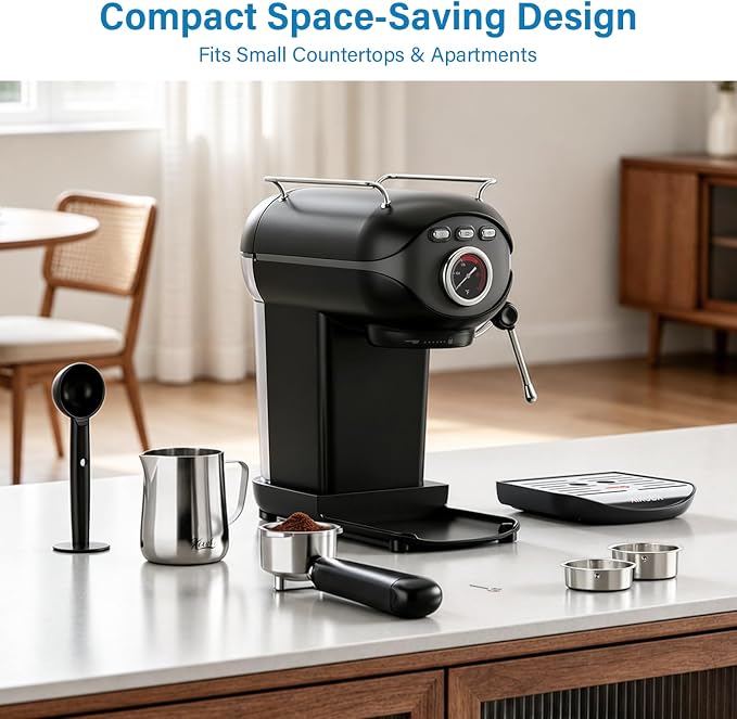 XIXUBX Espresso Machine, Compact Espresso Maker with Milk Frother | 20-Bar Pump, PID Control, Low Vibration Coffee Maker, for Small Kitchen, Home, Brews Latte, Cappuccino