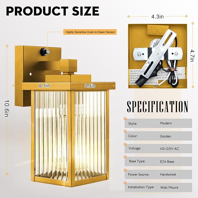 1 Pack Dusk to Dawn Outdoor Lighting, Waterproof Outdoor Porch Light with Tempered Glass, Outdoor Light Fixture for House Exterior Front Door Garage Patio (Gold Color)