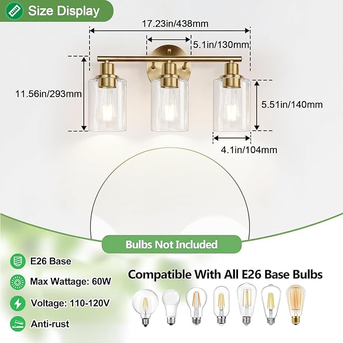 3-Light Bathroom Light Fixtures, Brushed Brass Bathroom Wall Lights with Clear Glass Shade, Modern Bathroom Wall Lamp for Mirror Kitchen Living Room Hallway Cabinet