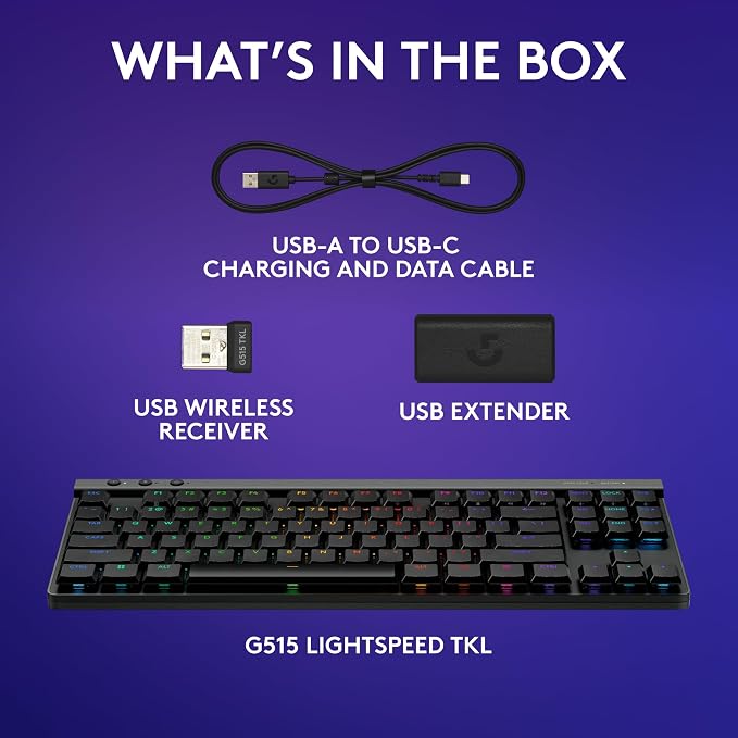 Logitech G515 Lightspeed TKL Wireless Gaming Keyboard (Tactile) - Black | LIGHTSPEED, low profile gaming, LIGHTSYNC RGB, thin tenkeyless design, PBT keycaps, mechanical switches