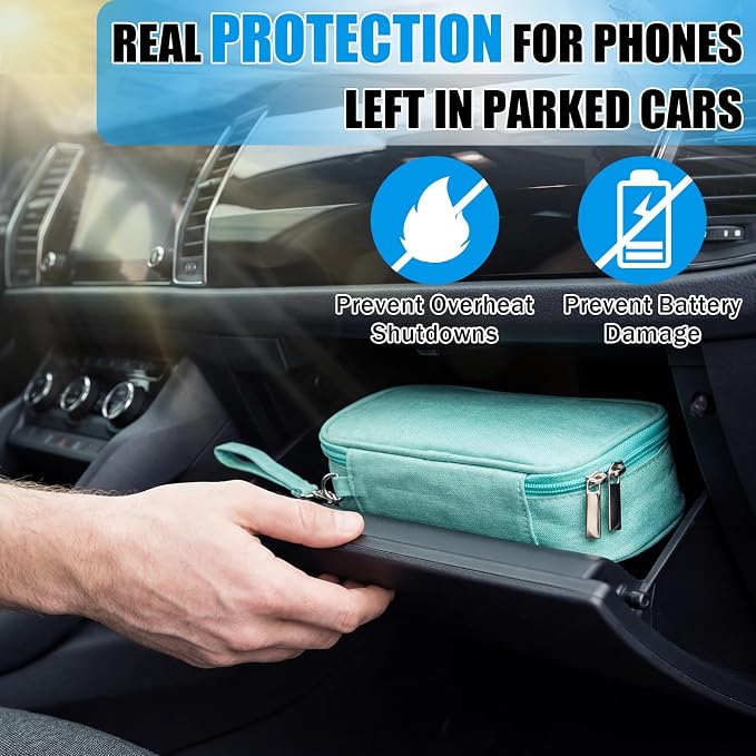 Phone Cooler Bag for Beach, Portable Phone Cooling Pouch with 2 Reusable Ice Packs, Keeps Cool in Extreme Heat for Car Pool Hiking, Extends Battery Life, Fits All Smartphones(Green,Fabric)