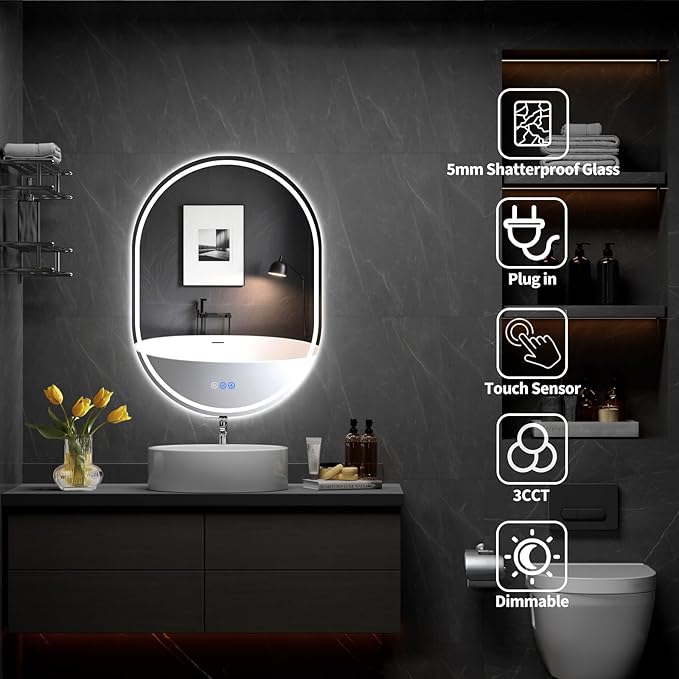 Oval LED Bathroom Mirror, 30"x 40" Frameless LED Mirror with Front Light and Backlit, Anti-Fog, Dimmable Modern Wall Mounted Lighted Mirror,Pill-Shaped Smart Mirror Bathroom