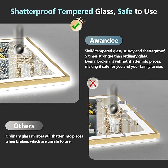 77x36 Gold LED Bathroom Mirror with Lights, Brushed Gold Framed Backlit and Front Lit Anti-Fog Lighted Vanity Mirrors for Bathroom Wall, Dimmable, 3 Colors, Memory, HD Tempered Glass, CRI>90