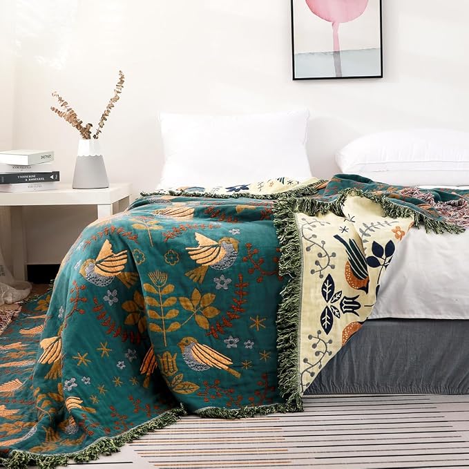 VANJOROY Boho Throw Blanket, 100% Organic Cotton Breathable Ultra Soft 80" x 90" Bed Quilt Throw - Floral Rustic Bird Farmhouse Decor Luxury Reversible Blanket for Sofa Couch Chair and Gift,Teal/Beige