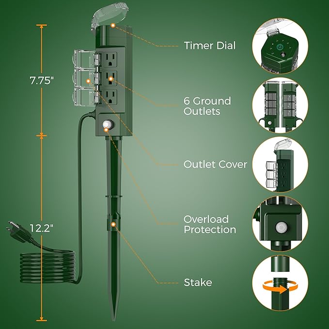 TESSAN Outdoor Power Stake Light Timer Waterproof, Wireless Remote Control, Yard Stake Countdown Timer(2, 4, 6, 8 Hour), 6 Outlets, Dusk to Dawn for Lights and Garden Courtyard Decoration