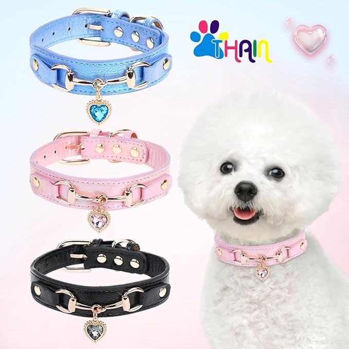 THAIN Fashion Dog Collar with Bling Diamonds & Heart Charm – 5 Holes Adjustable PU Leather Rhinestones Necklace Collar, Gold Buckle for Small Medium Dogs boy (Blue, S)