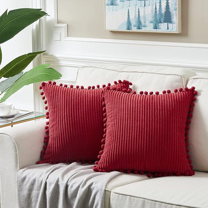 Fancy Homi Set of 2 Burgundy Decorative Throw Pillow Covers 12x12 Inch with Pom-poms for Couch Bed Sofa, Modern Farmhouse Boho Home Decor, Soft Plush Corduroy Cute Cushion Case 30x30 cm