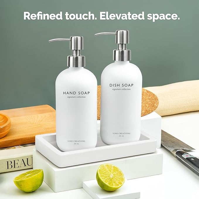Vine Creations Glass Soap Dispenser Set, Kitchen Soap Dispenser Set with Ceramic Tray, 16 oz Dish Soap and Hand Soap Dispensers with Stainless Steel Pump Decor (White Bottle/Silver)