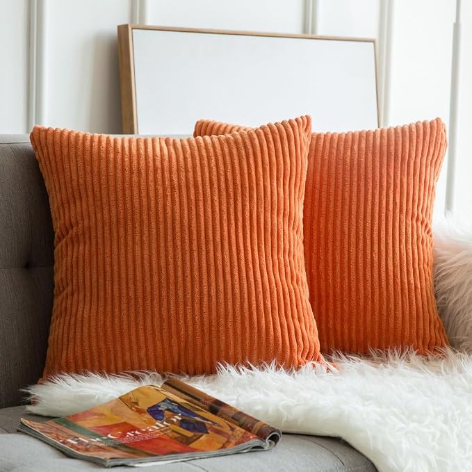 MIULEE Fall Decorative Corduroy Throw Pillow Covers Set of 2 18x18 Orange | Soft Striped Textured Cushion Cases, Boho Energetic Vibe Pillowcases for Home Decor, for Couch Chair Sofa Bed Living Room