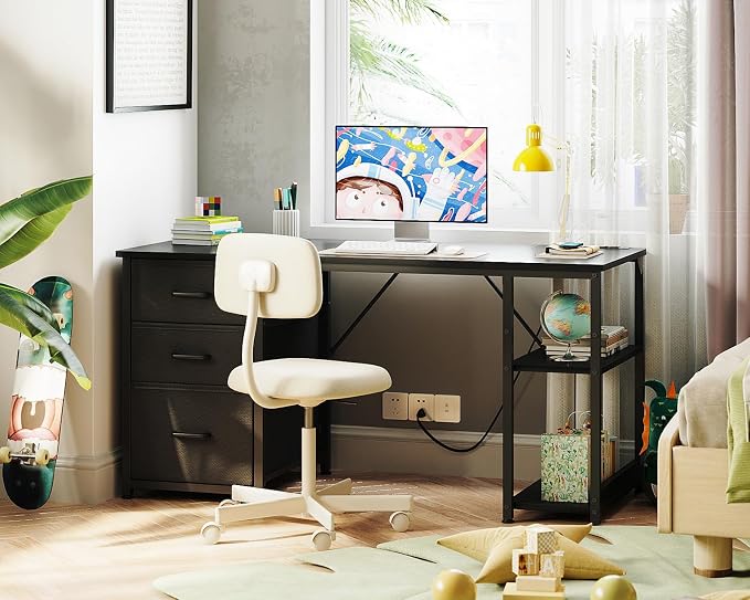 AODK 51 Inch Computer Desk with Drawers & USB Power Outlets | Reversible Home Office Desk with Storage Shelves, Work from Home, Modern Work/Writing/Study Table for Bedroom, Black
