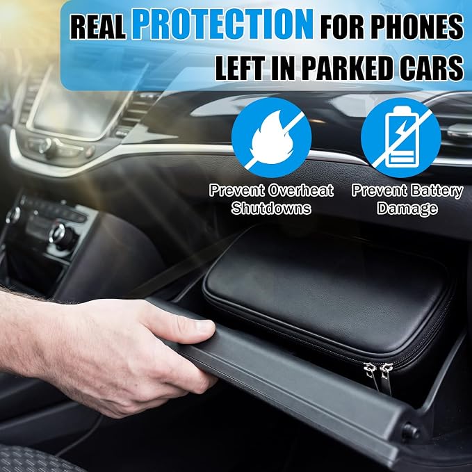 Phone Cooler Bag for Beach, Portable Phone Cooling Pouch with 2 Reusable Ice Packs, Keeps Cool in Extreme Heat for Car Pool Hiking, Extends Battery Life, Fits All Smartphones(Black,PU)