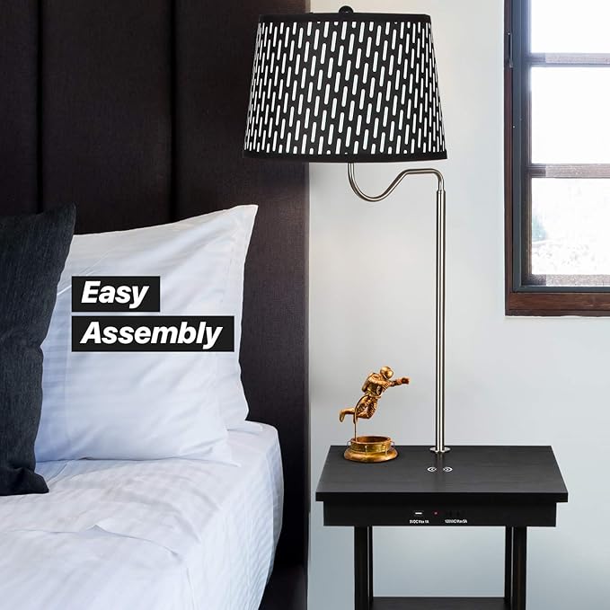 Brightech Madison w. Table & Lamp Combo, Desk Lamp with Wireless Charging Pad and USB Port, Bedside Reading Lamp, Nightstand Lamp with LED Bulb for Bedroom, Living Room, Office - Classic Black