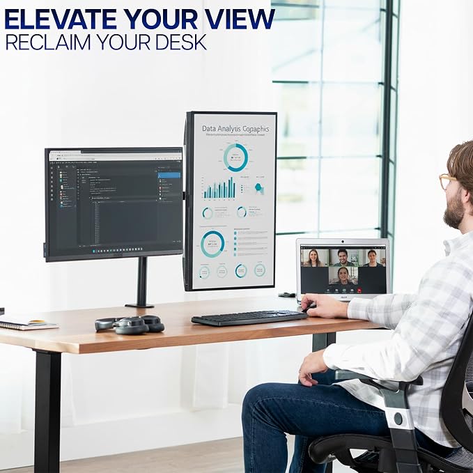 VIVO Dual Monitor Desk Mount, Holds 2 Computer Screens up to 30 inches and 22lbs Each, Heavy Duty Fully Adjustable Steel Stand with C-Clamp and Grommet, Black, STAND-V002 | Black, Articulating, Adjustable Monitor Arm, Grommet or C-Clamp Mounting, Compu...