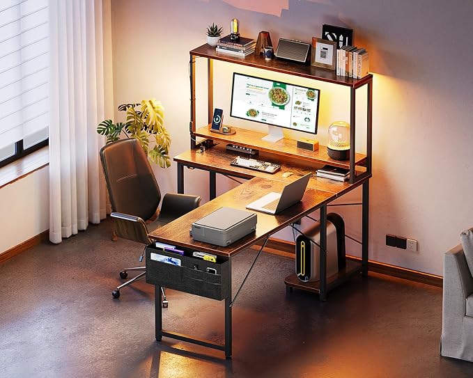 ODK 53" L Shaped Gaming Desk with Shelves, LED & Outlets, Vintage | Headset hook. Storage bag. Shelves for stationery & accessories. LED for late-night gaming. Reversible. Fits dual monitors.