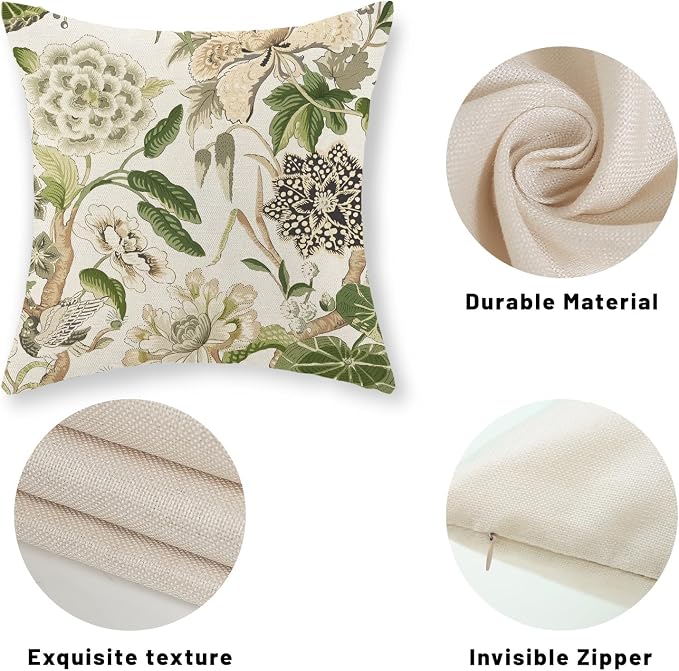 Green Pillow Covers 16x16 Inch Set of 2 Vintage Green Floral Throw Pillows Chinoiserie Flower Decorative Pillow Cases Outdoor Linen Farmhouse Cushion Covers for Couch Sofa Decorations