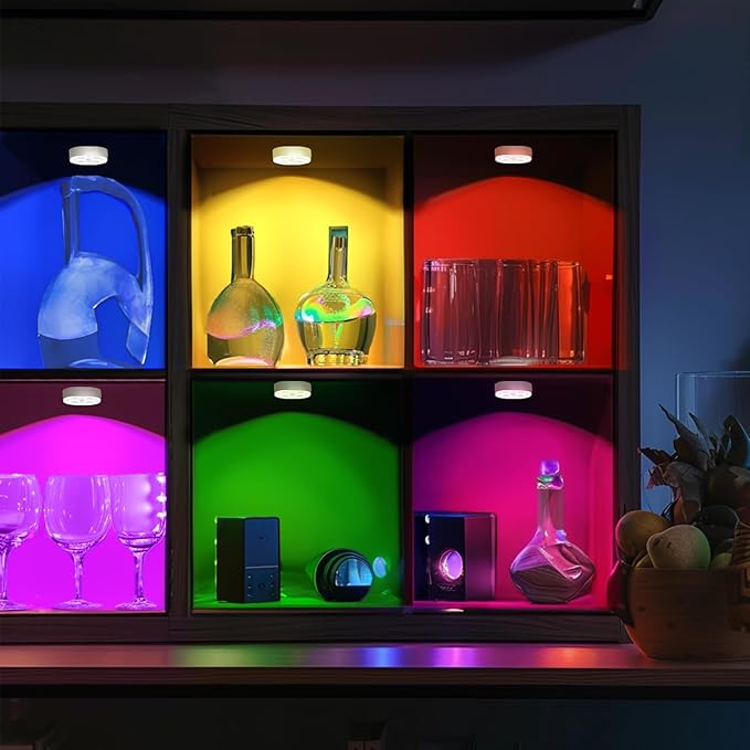 Puck Lights with Remote, 13 Colors Rechargeable Night Light, 1500mAh Under Cabinet Motion Sensor Lighting with Multicolor and Timing Function, RGB Puck Lights for Cabinets Kitchen, Stairs (4P)