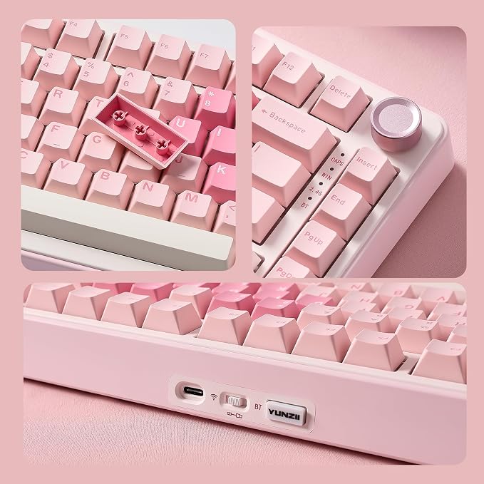 YUNZII B75 PRO 75% Wireless Mechanical Keyboard (Pink, Cocoa Cream V2) | Hot Swap Keyboard with Knob, Gasket Mount, Creamy Pre-lubed Switch for Smooth Typing, BT/USB-C/2.4G, for Gaming
