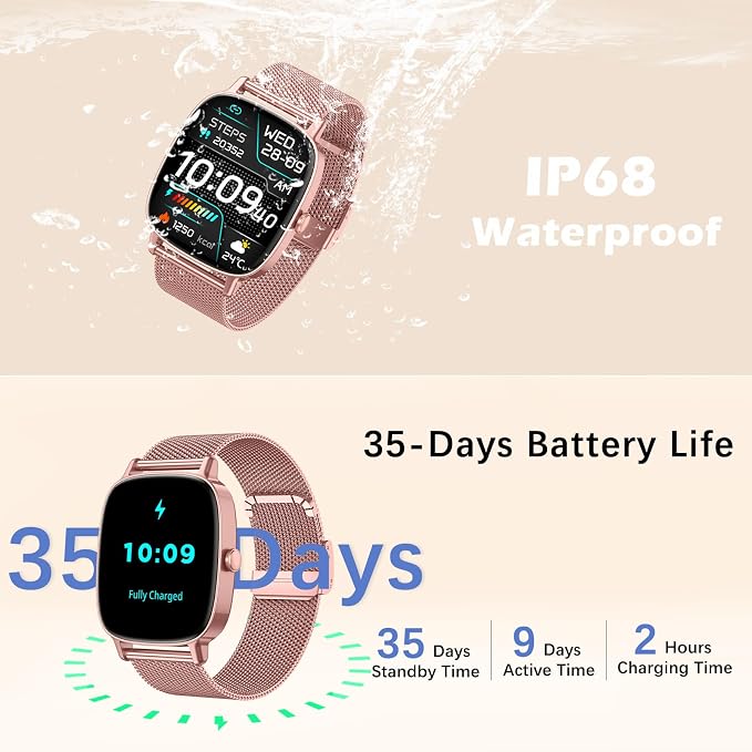 Smart Watch for Women, Answer/Make Call,1.85'' Ultra-Clear Screen Fitness Tracker with Heart Rate/Sleep/SpO2 Monitor,Smartwatch for iPhone/Samsung/Android,120+ Sport Modes,IP68 Waterproof with 2 Bands