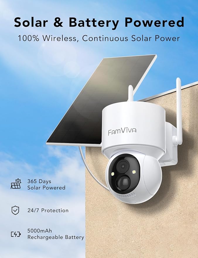 2K Solar Security Cameras Wireless Outdoor, 360°PTZ Battery Powered Cameras for Home Security, 2.4G WiFi Outdoor Camera with Color Night Vision, IP66 Waterproof, Motion Sensor Alarm, White,2Pack