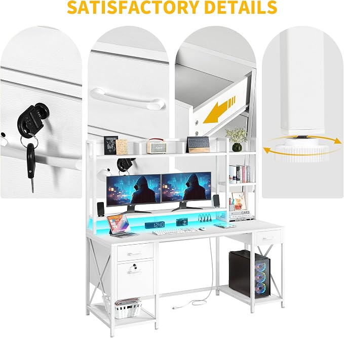 DWVO Computer Desk with Drawers & Hutch, 59.1" Office Desk with Power Outlets & LED Lights, Home Office Desk with Storage Shelves, White | Built-In Power Outlets, Led Lights, Hutch Shelves, Storage Drawers, for Home Office Work Study, Easy Assembly