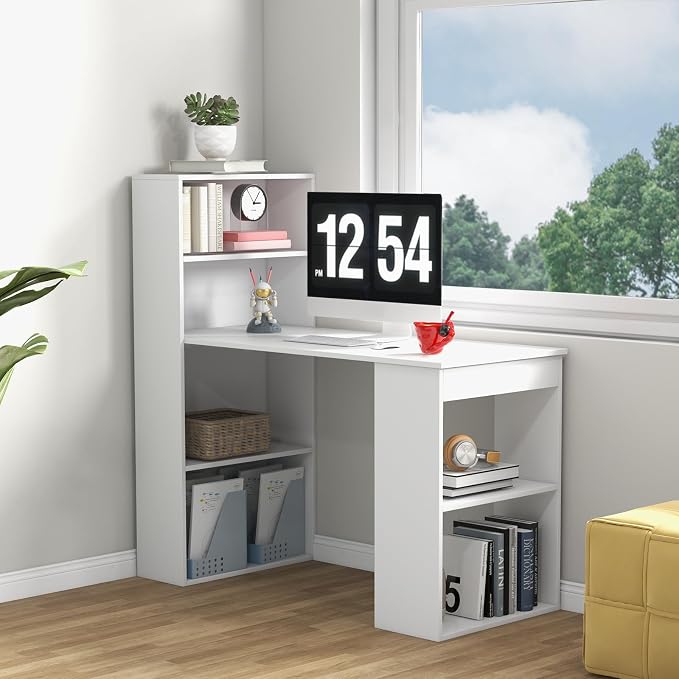 GRAFFY Computer Desk with 6 Storage Shelves - 48" Reversible Writing Desk Workstation with Bookshelf and CPU Stand, Modern Compact Office Desk for Bedroom, Study, Home, Office (White)