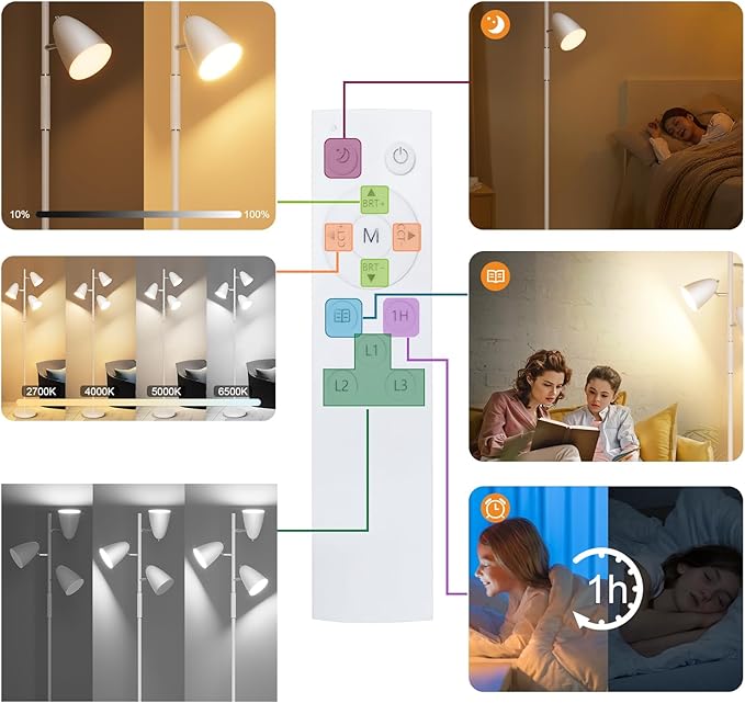 QiMH LED Floor Lamp for Living Room, Modern Dimmable Standing Lamp with 4 Color Temperature,Remote and Touch Control, Tree Floor Lamp for Bedroom with 3 Rotatable Lights Bright Stand up Lamp, White