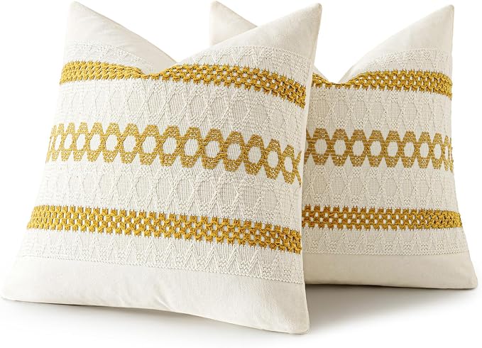 MIULEE Set of 2 Mustard Yellow Boho Decorative Pillow Covers 18x18 Inch | Fall, Boho Farmhouse Modern Couch Throw Pillows, Cotton Cushion Covers, Macrame Woven Home Decor for Bed Sofa Chair