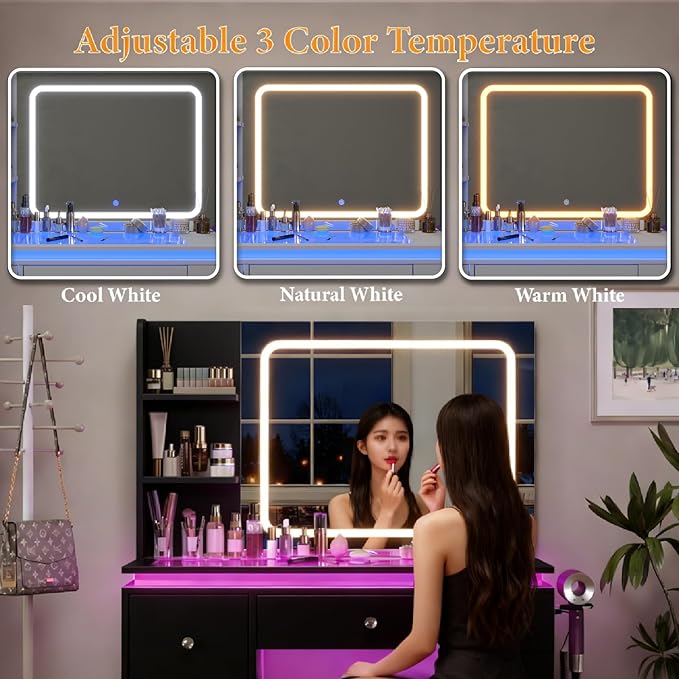Black Vanity Desk with Illuminated Mirror & Power Outlet, Bedroom Dresser LED Mirror Stepless Dimmable & 3 Color Modes Adjustable RGB Drawers, for Women Girls Bedroom(Pure Black