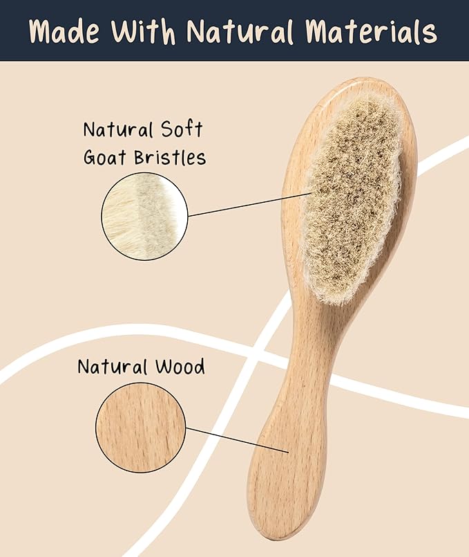 Baby Hair Brush & Comb Set, Wood Hair Brush with Soft Goat Bristles and Comb, Newborn Infant & Toddler for Cradle Cap
