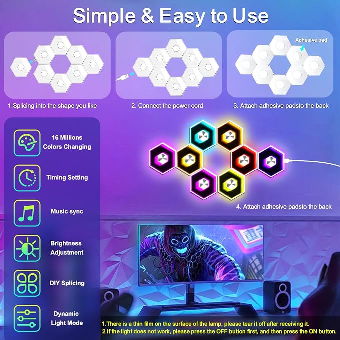 6 Pack Hexagon Lights Wall Panel | Hexagonal Led Lights Room Decor Wall Lights Smart APP Music Sync Honeycomb Shape Panels Hexagon Gaming Lights Bedroom Decor