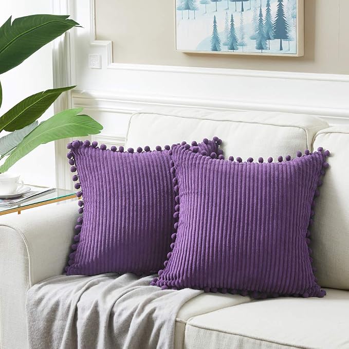 Fancy Homi Pack of 2 Purple Decorative Throw Pillow Covers 16x16 Inch with Pom-poms, Soft Corduroy Solid Square Cushion Cases Set for Living Room Couch Sofa Bedroom Car (16x16 Inch /40x40 cm, Purple)